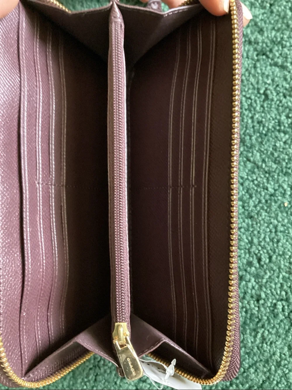 Coach Dark Brown Saffiano Zip Wallet with Gold Logo